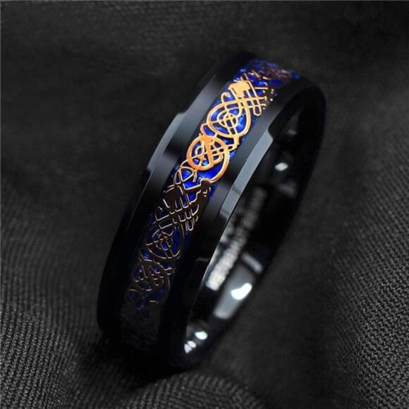 Men's Wedding Band Ring - Rose Gold Celtic Dragon Blue Carbon Fiber Wedding Ring - Picture 3 of 6